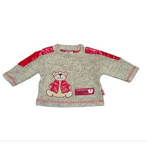Vtg Seggy Baby Cozy Knit Sweater 6–9 Months Teddy Bear Motif Red Faux Leather
